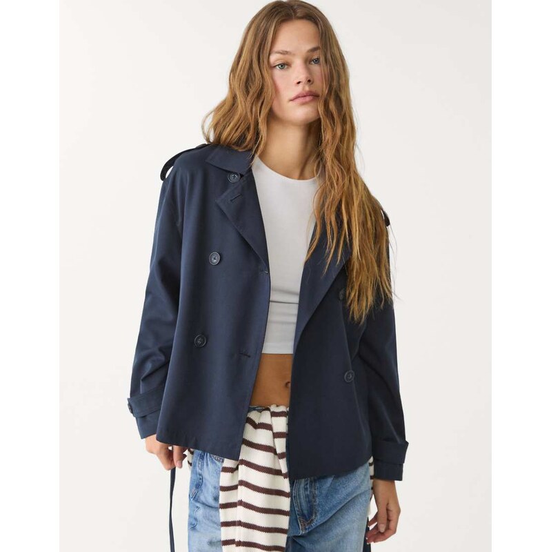 Stradivarius cropped trench coat with belt in navy blue 108098753