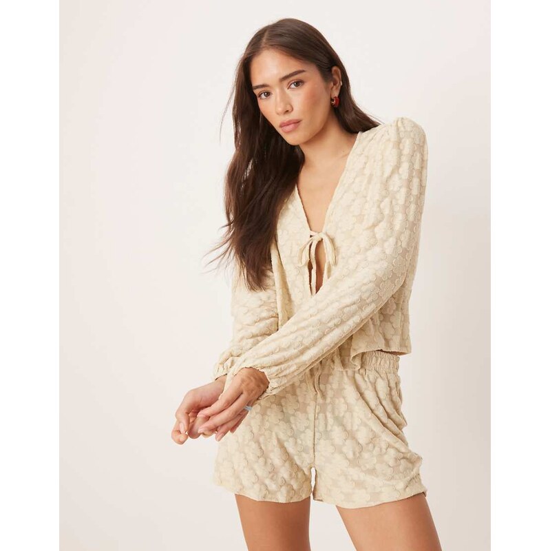 ASOS DESIGN balloon sleeve top with tie detail co-ord in cream