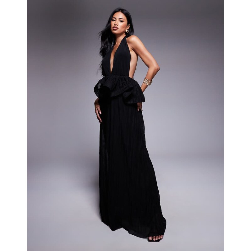 ASOS DESIGN Premium plunge plisse maxi dress with wired trim peplum in 107218559