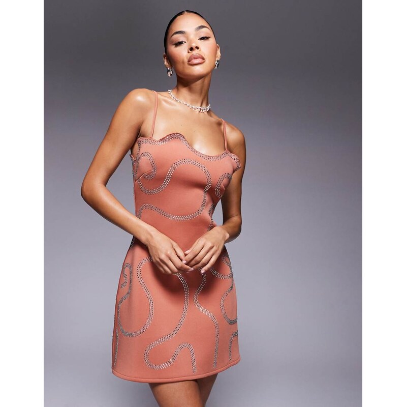ASOS DESIGN embellished hotfix squiggly mini dress in rust in