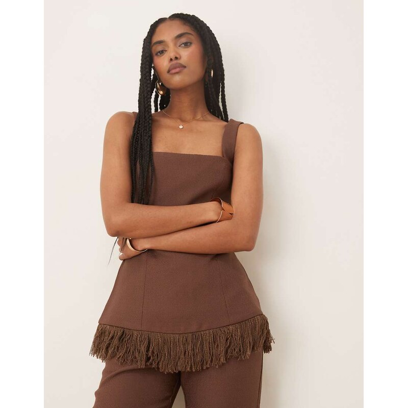 Pretty Lavish Verona fringed tweed top co-ord in chocolate-Brown 107223323