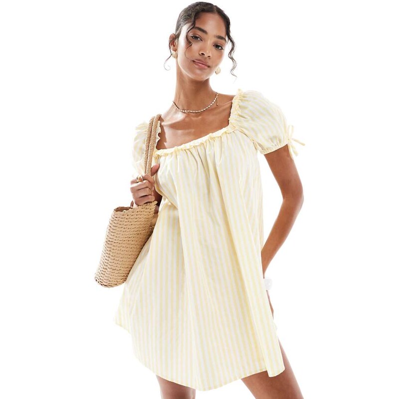 New Look stripe square neck poplin mini dress in yellow