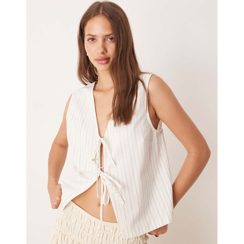 ASOS DESIGN tie front waistcoat with linen in ecru stripe-White