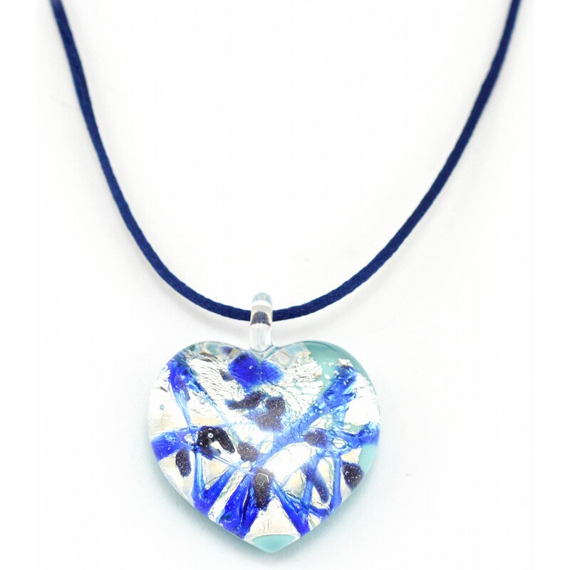Murano Náhrdelník skleněné srdce - kombinace barev - stříbrná, modrá - Passione
