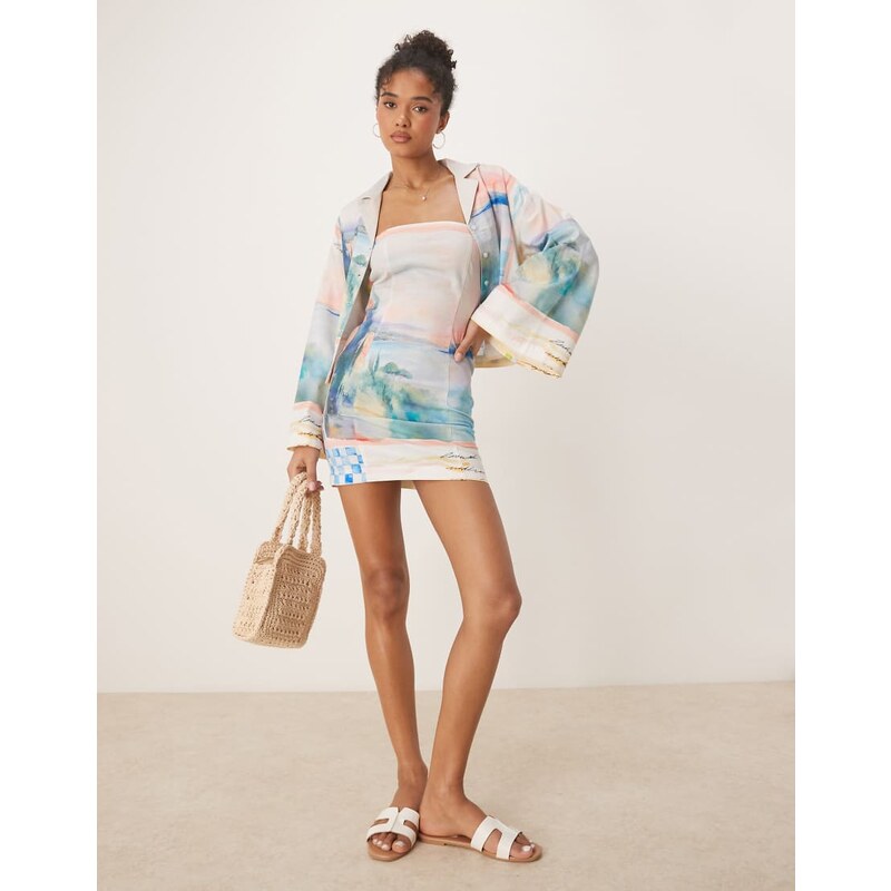 ASOS DESIGN linen bandeau mini dress co-ord in washed postcard
