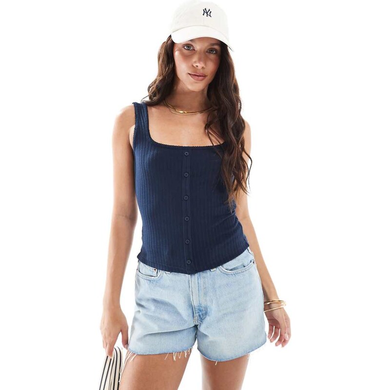 Miss Selfridge ribbed button through sleeveless vest in navy 115511366