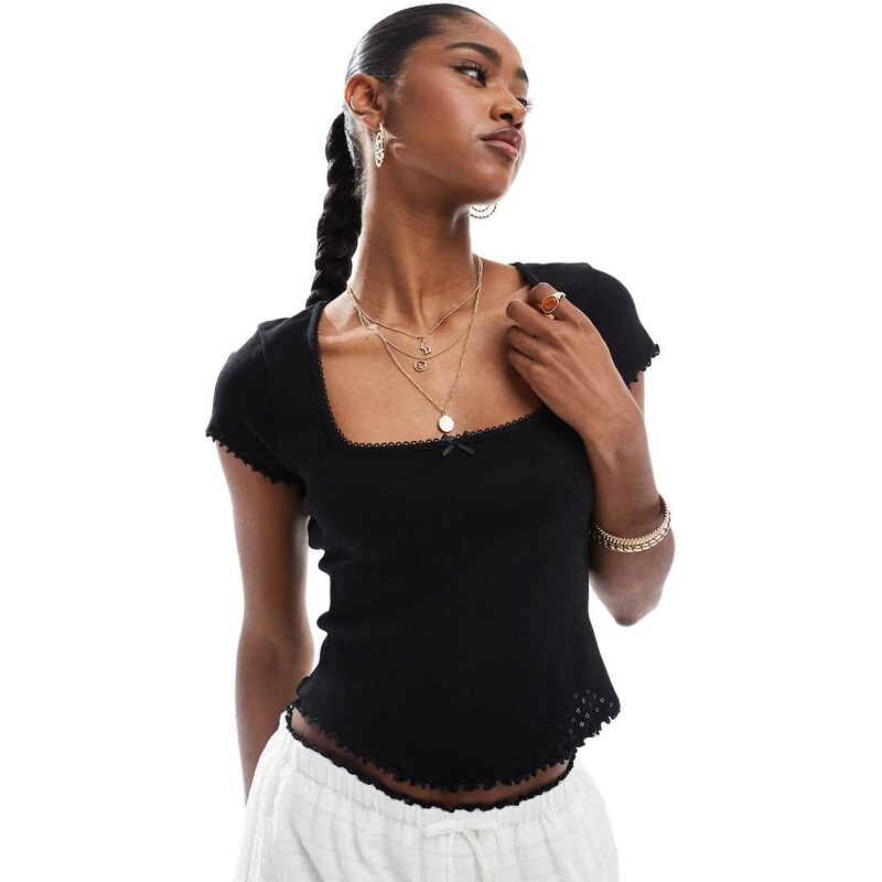 Miss Selfridge pointelle square neck lace trim tee in black