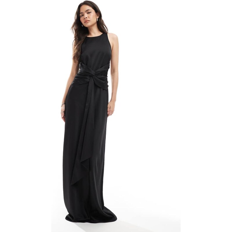 Six Stories Bridesmaid knot front drape satin maxi dress in black 107223442