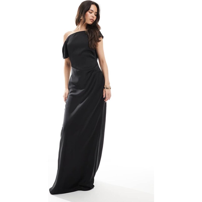 Six Stories Bridesmaid asymmetric satin maxi dress in black 107223443
