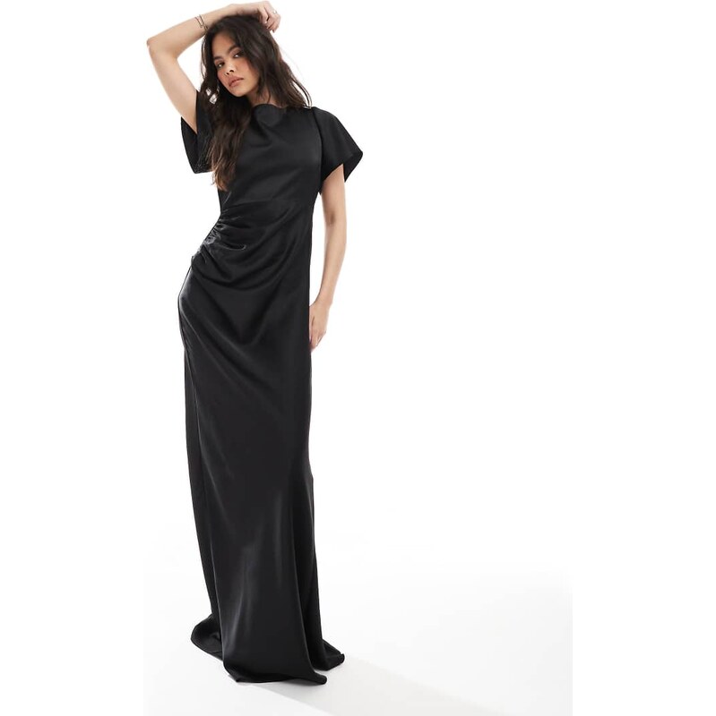 Six Stories Bridesmaid flutter sleeve satin maxi dress in black