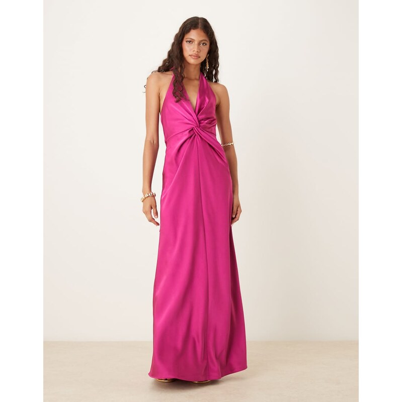 Six Stories twist front satin maxi dress in fuchsia-Pink