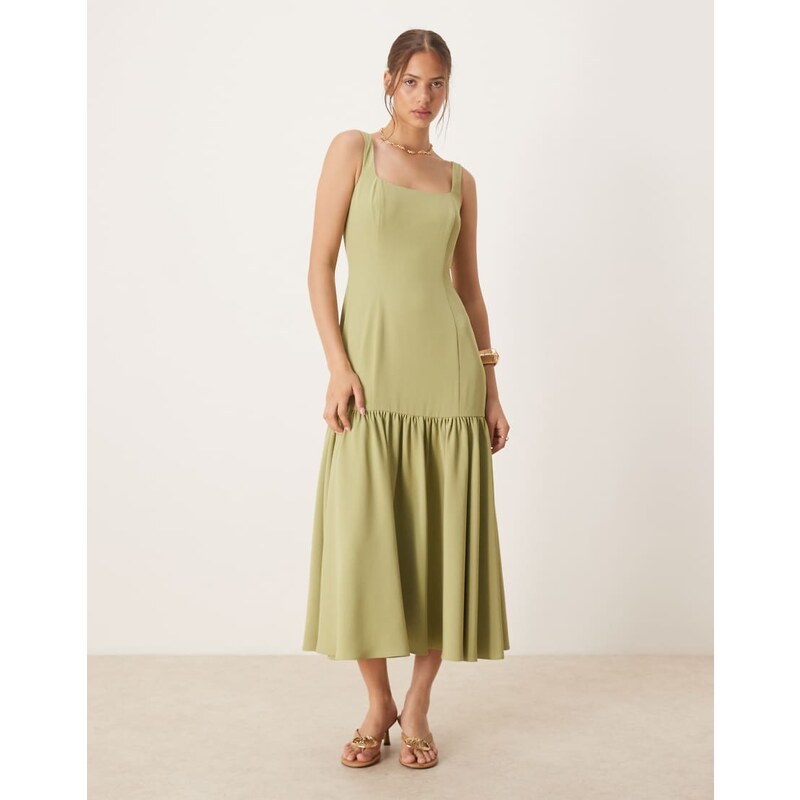 Six Stories drop hem midaxi dress in sage olive-Green 107223449