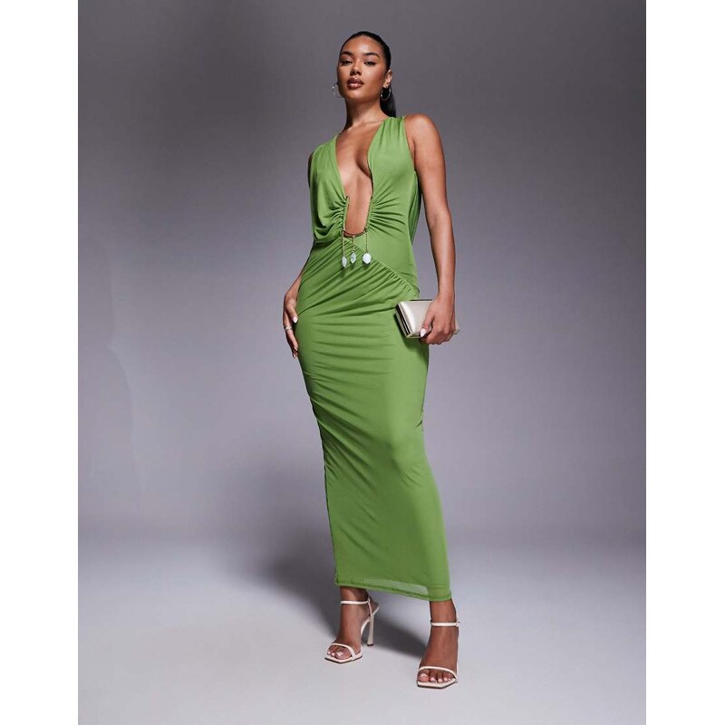 ASOS DESIGN mesh trim waist drape midi dress in green