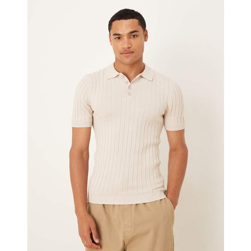ASOS DESIGN muscle fit knitted rib polo t-shirt in stone-Neutral