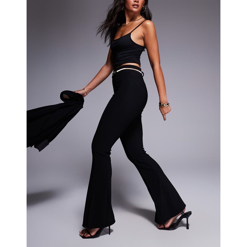 River Island ribbed flare trousers with belt in black 107230643