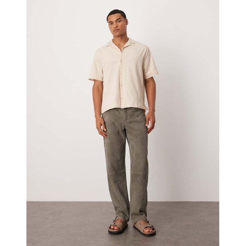 ASOS DESIGN boxy revere seersucker shirt in stone-Neutral