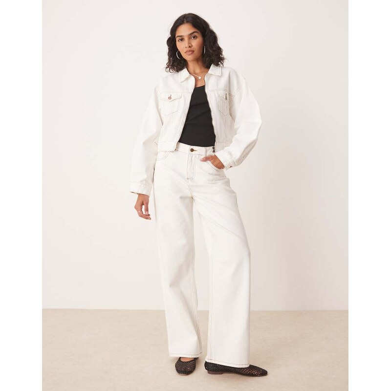 SNDYS high waisted straight leg contrast stitch jeans co-ord in white 107232320
