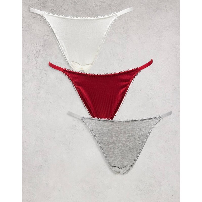 ASOS DESIGN 3 pack soft rib tanga thong with picot trim in white, 107232333