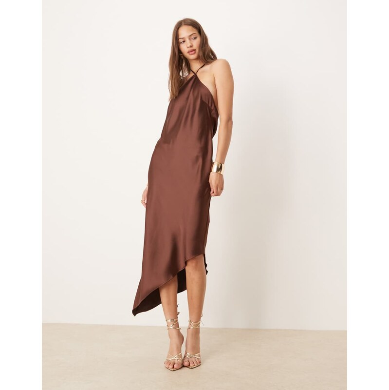 ASOS DESIGN satin halter maxi dress in chocolate-Brown