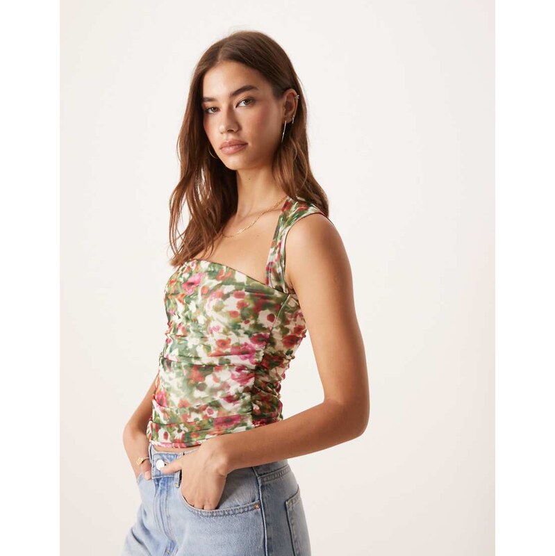 Abercrombie & Fitch square neck ruched sleeveless top in floral-Multi 107232397