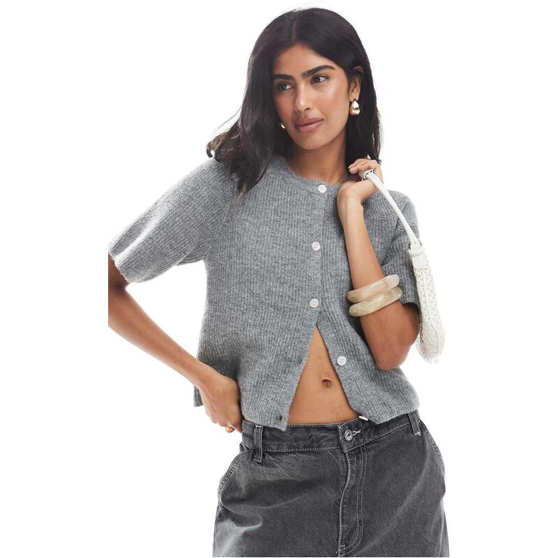 Pieces short sleeve boxy cardigan in medium grey melange