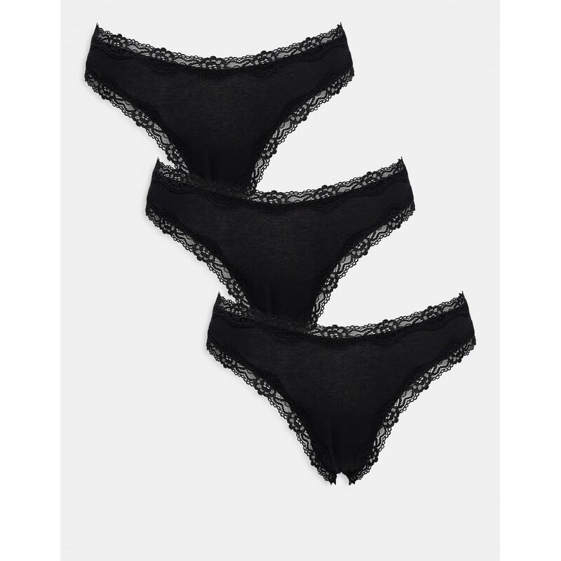 ASOS DESIGN 3 pack thong with lace trim in black 107250259