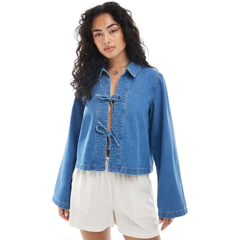 ONLY tie front denim shacket in light blue 107236990