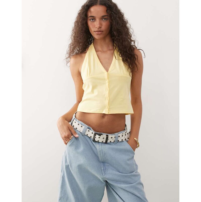 COLLUSION button front halter neck top in butter yellow 107237023