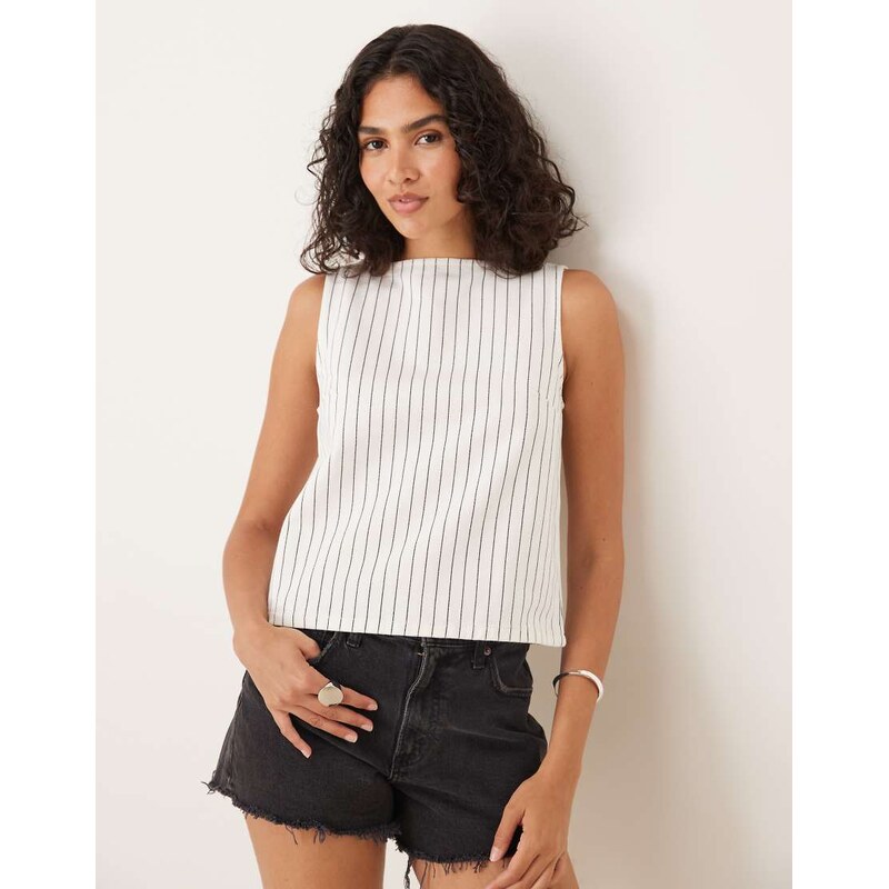 ASOS DESIGN denim slash neck tank top in ecru stripe-White
