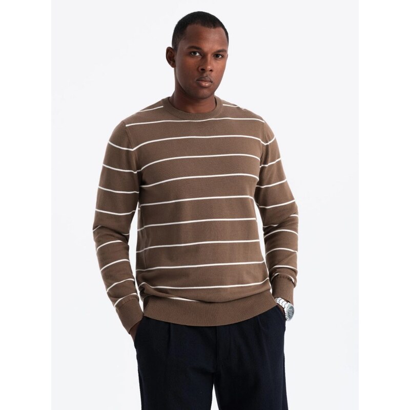 Ombre Clothing Pánský hnědý svetr s pruhy V3 SWSW-0143