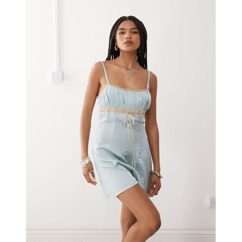 Reclaimed Vintage festival satin playsuit in mint green with lace 107243959
