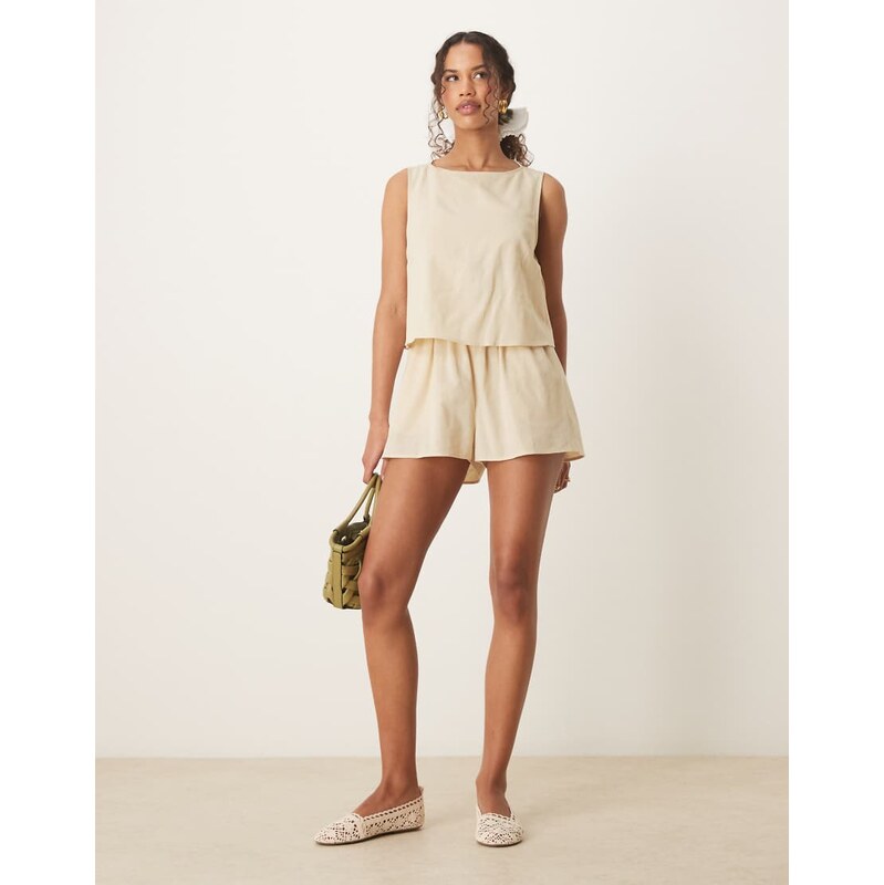 ASOS DESIGN double layer playsuit with open back in oat-Neutral 107243984