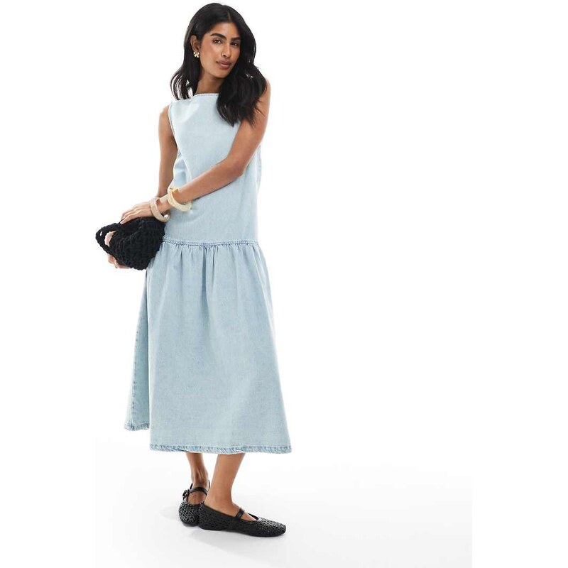 ASOS DESIGN denim sleeveless midi dress with drop waist in