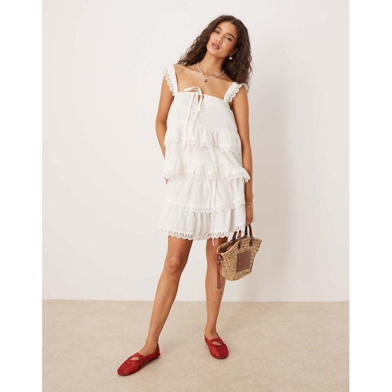 ASOS DESIGN tiered cami top with lace trim in white