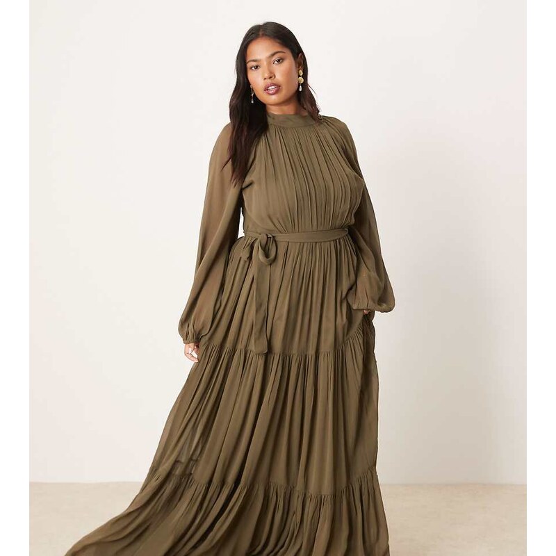 Lace & Beads Plus balloon sleeve tiered maxi dress in deep olive-Green 113297108