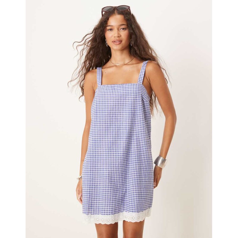 ASOS DESIGN swing mini dress with broderie hem in navy gingham