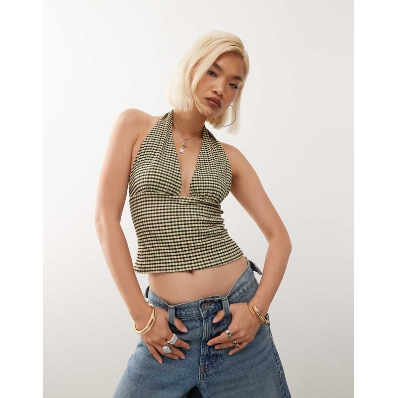 COLLUSION halter in lemon and black textured gingham-Multi
