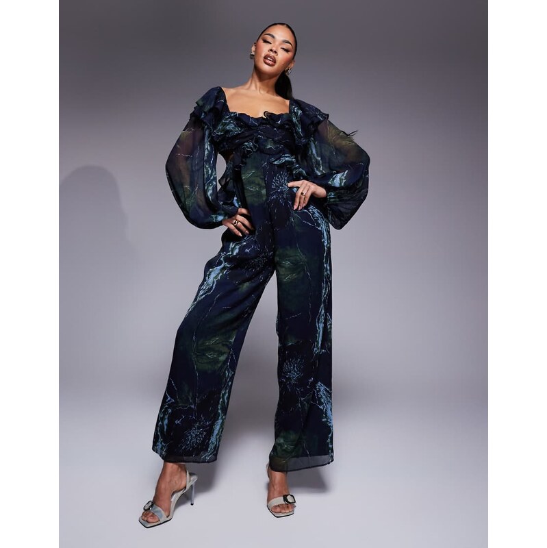 ASOS DESIGN long sleeve ruffle off shoulder jumpsuit in blurred