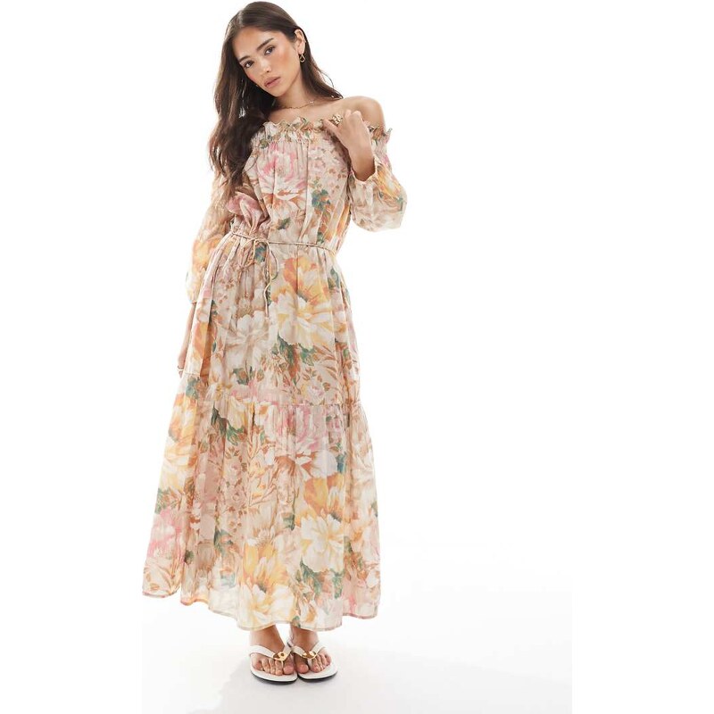 Vero Moda off shoulder tiered maxi dress in peony floral print