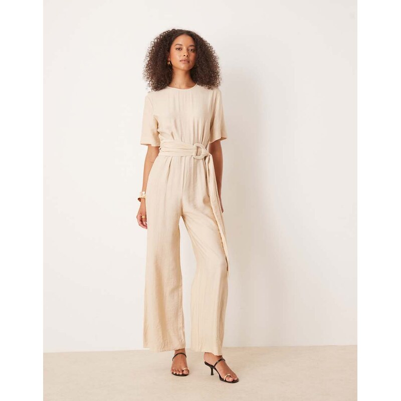 Mango belt detail jumpsuit in beige-Neutral
