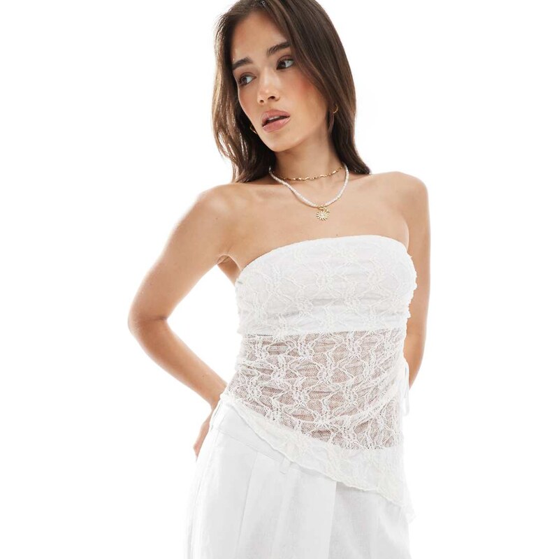 Pieces bandeau lace top with asymetric hem in white 114240714