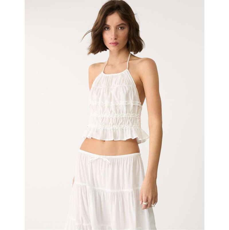 Stradivarius halter top with open back in ecru-White