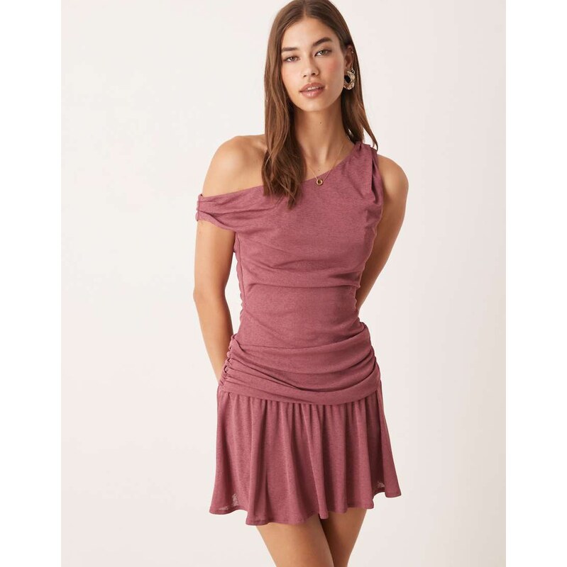 ASOS DESIGN fallen shoulder flippy mini dress in mulberry-Multi