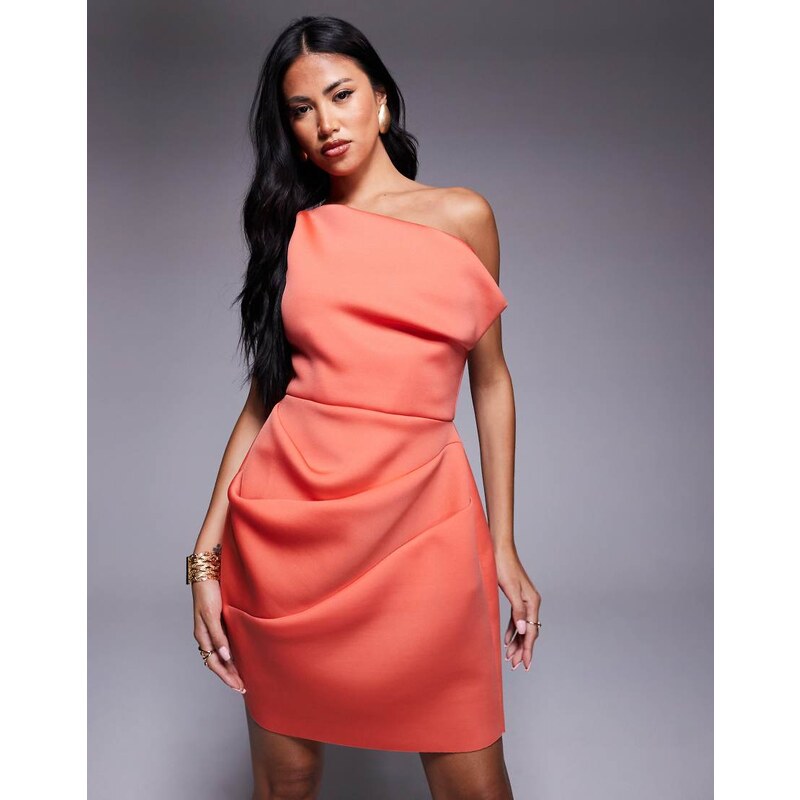 ASOS DESIGN slouch neckline cinched waist mini dress in coral in