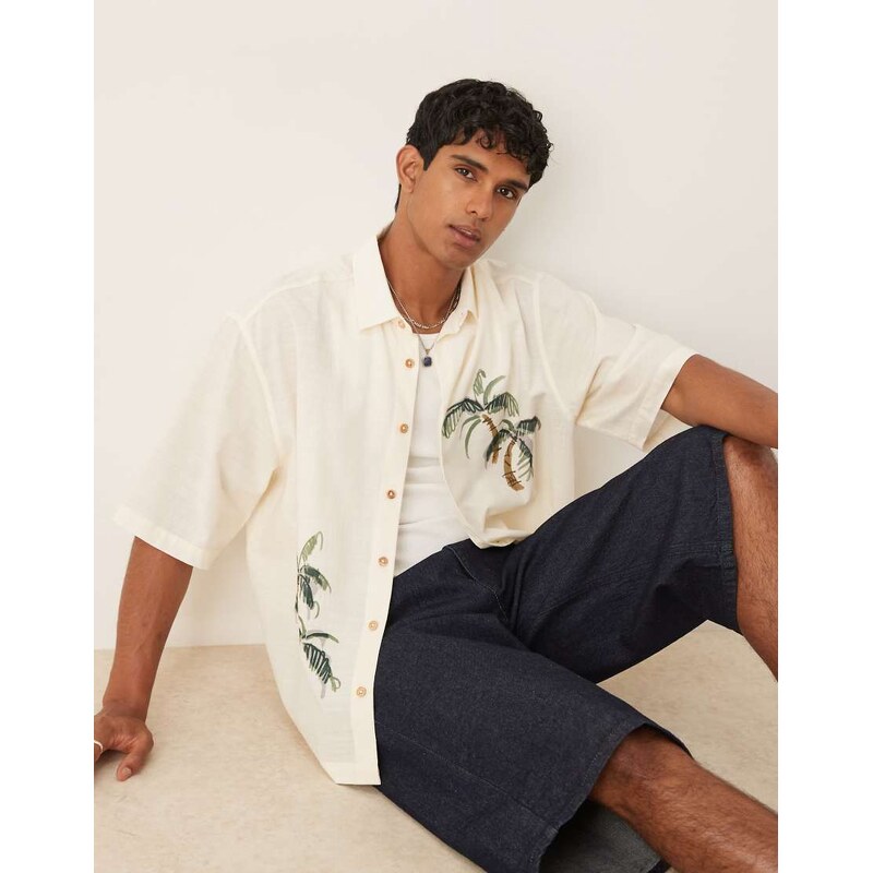 ASOS DESIGN oversized shirt with palm placement print in beige