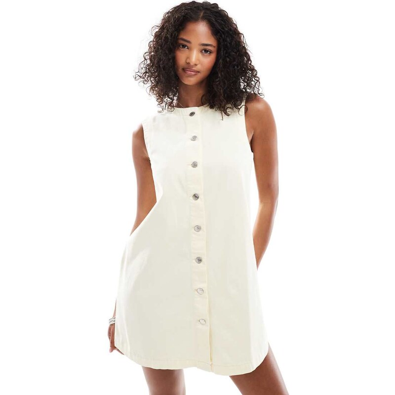 ASOS DESIGN trapeze denim mini dress with button opening in pale