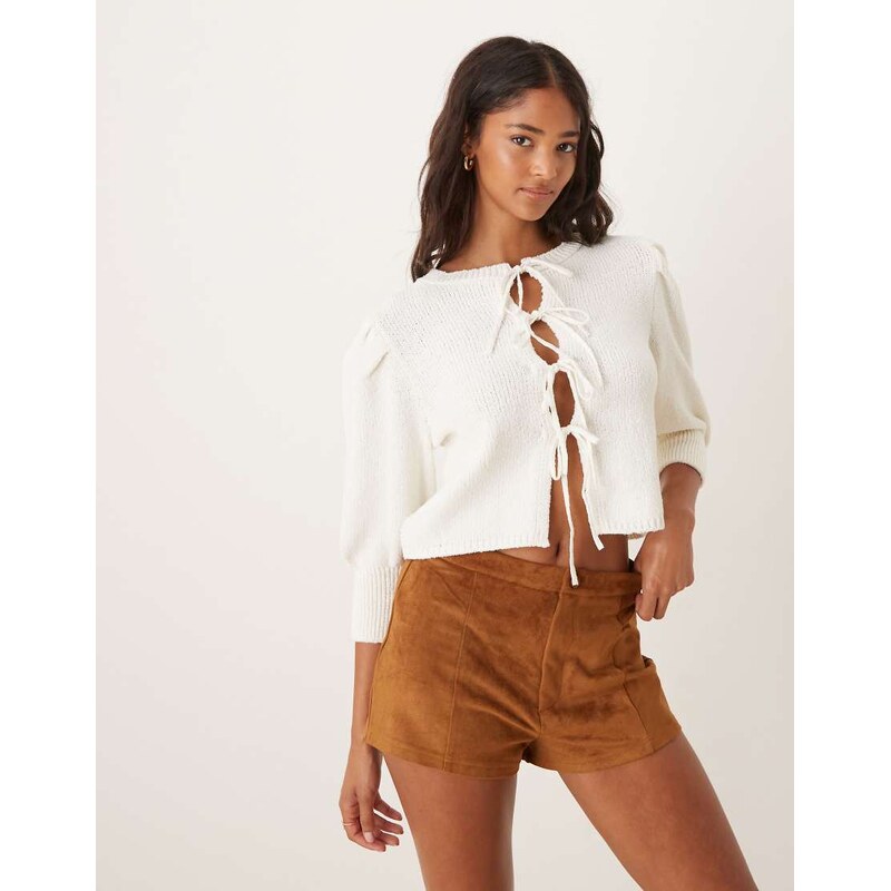 ASOS DESIGN puff sleeve tie front cardigan in cream-White 107250207