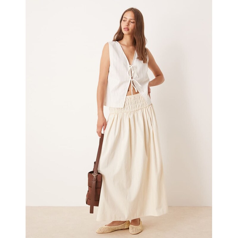 ASOS DESIGN tie front waistcoat with linen in ecru stripe-White