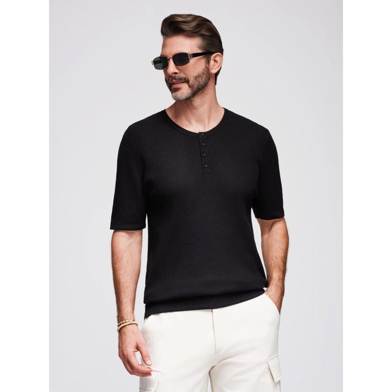 Ombre Clothing Černé pánské tričko z úpletu s knoflíčky V2 TSCT