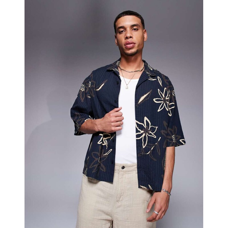ASOS DESIGN boxy oversized seersucker shirt with flower print in black